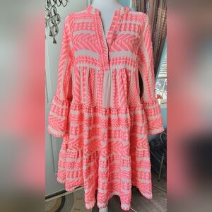 Anthopologie Devotion Twins Ella Tunic Dress Womens XS Neon Pink Geometric EUC